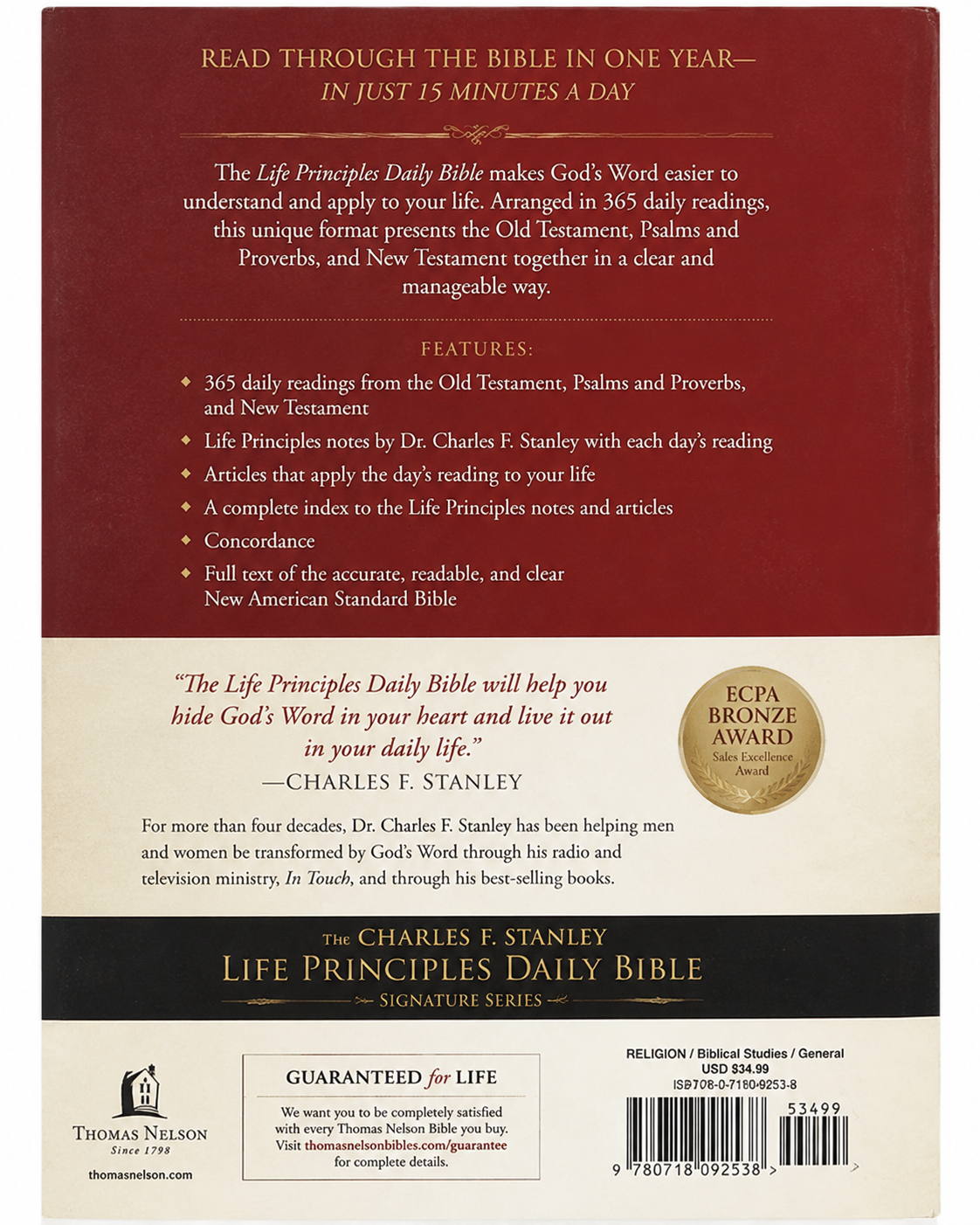Charles F. Stanley Life Principles Daily Bible back cover